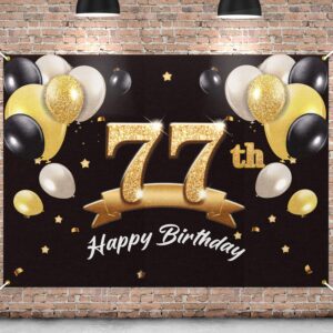 pakboom happy 77th birthday banner backdrop - 77 birthday party decorations supplies for men - black gold 4 x 6ft
