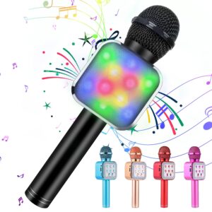 kidwill wireless bluetooth karaoke microphone for kids, 5-in-1 portable handheld karaoke mic speaker player recorder with led lights for kids girls boys teens birthday (1818-black)