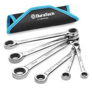 duratech double box end ratcheting wrench set, metric, 6-piece, 8-19mm, cr-v steel, with rolling pouch