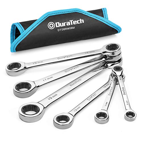 DURATECH Double Box End Ratcheting Wrench Set, Metric, 6-Piece, 8-19mm, CR-V Steel, with Rolling Pouch