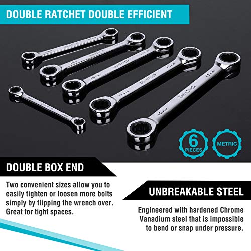 DURATECH Double Box End Ratcheting Wrench Set, Metric, 6-Piece, 8-19mm, CR-V Steel, with Rolling Pouch