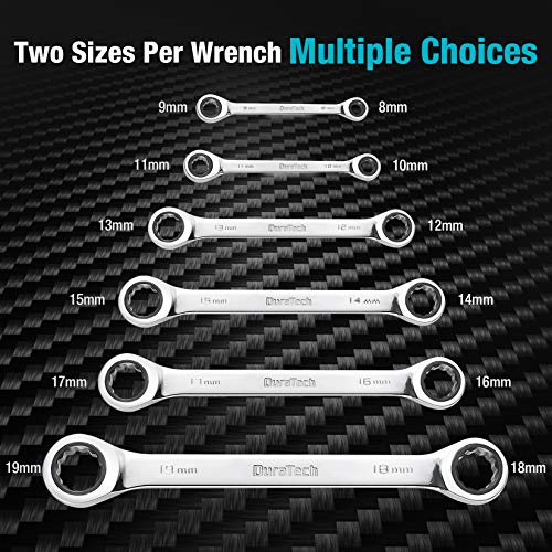 DURATECH Double Box End Ratcheting Wrench Set, Metric, 6-Piece, 8-19mm, CR-V Steel, with Rolling Pouch