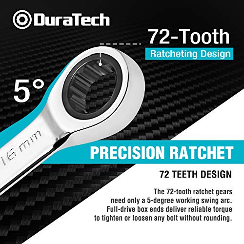 DURATECH Double Box End Ratcheting Wrench Set, Metric, 6-Piece, 8-19mm, CR-V Steel, with Rolling Pouch