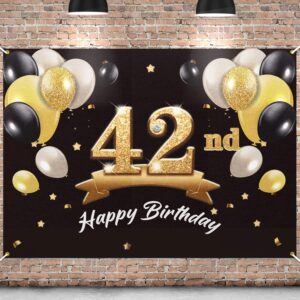 pakboom happy 42nd birthday banner backdrop - 42 birthday party decorations supplies for men - black gold 4 x 6ft