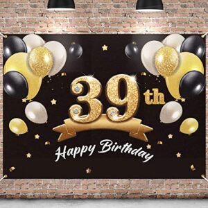 pakboom happy 39th birthday banner backdrop - 39 birthday party decorations supplies for men - black gold 4 x 6ft