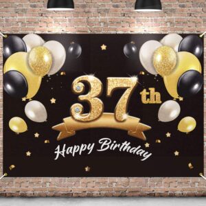 pakboom happy 37th birthday banner backdrop - 37 birthday party decorations supplies for men - black gold 4 x 6ft