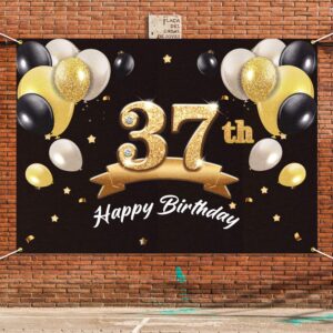 PAKBOOM Happy 37th Birthday Banner Backdrop - 37 Birthday Party Decorations Supplies for Men - Black Gold 4 x 6ft