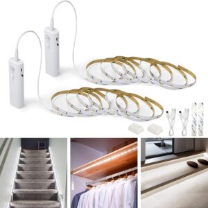 wobane rechargeable motion sensor strip light, led closet lights, upgraded battery operated led strip light for wardrobe,stair,pantry,under counter,cupboard,cabinet,bed,4000k daylight,6.56ft,2 pack