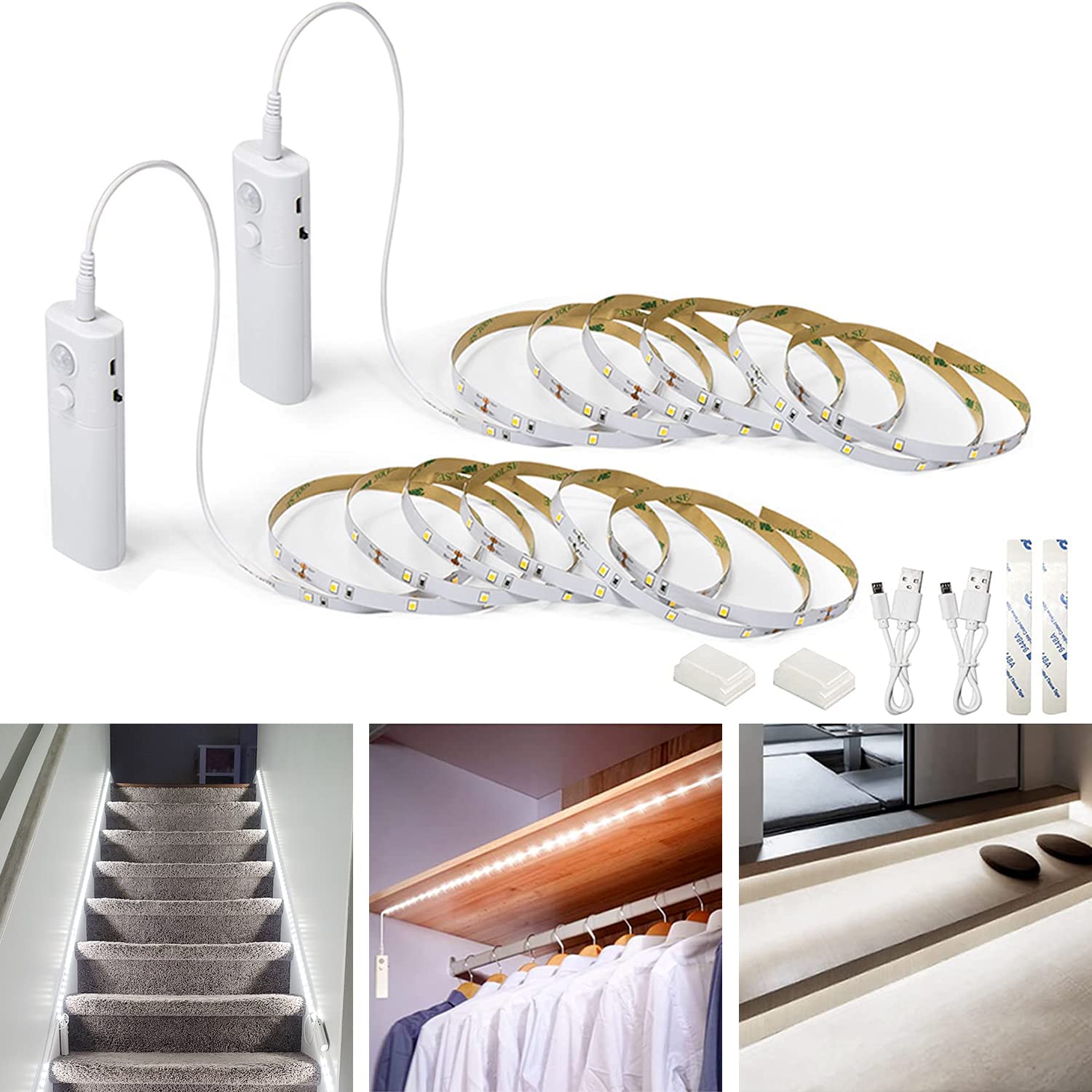 WOBANE Rechargeable Motion Sensor Strip Light, LED Closet Lights, Upgraded Battery Operated LED Strip Light for Wardrobe,Stair,Pantry,Under Counter,Cupboard,Cabinet,Bed,4000K Daylight,6.56ft,2 Pack