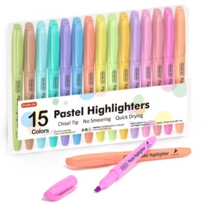 shuttle art highlighters, 15 colors pastel highlighter pens assorted colors, chisel tip dry-quickly non-toxic highlighter markers for adults kids highlighting in the home school office