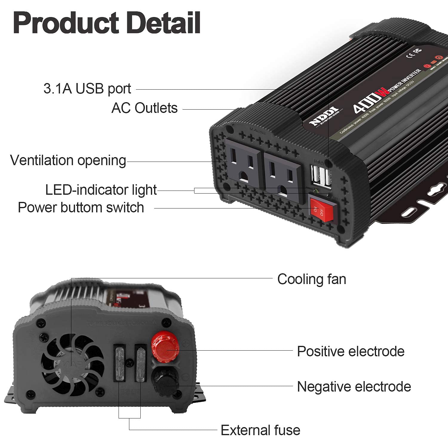 400W Car Power Inverter, DC 12V to 110V AC Converter with 2 Charger Outlets and Dual 3.1A USB Ports Cigarette Lighter Socket Adapter(Black)