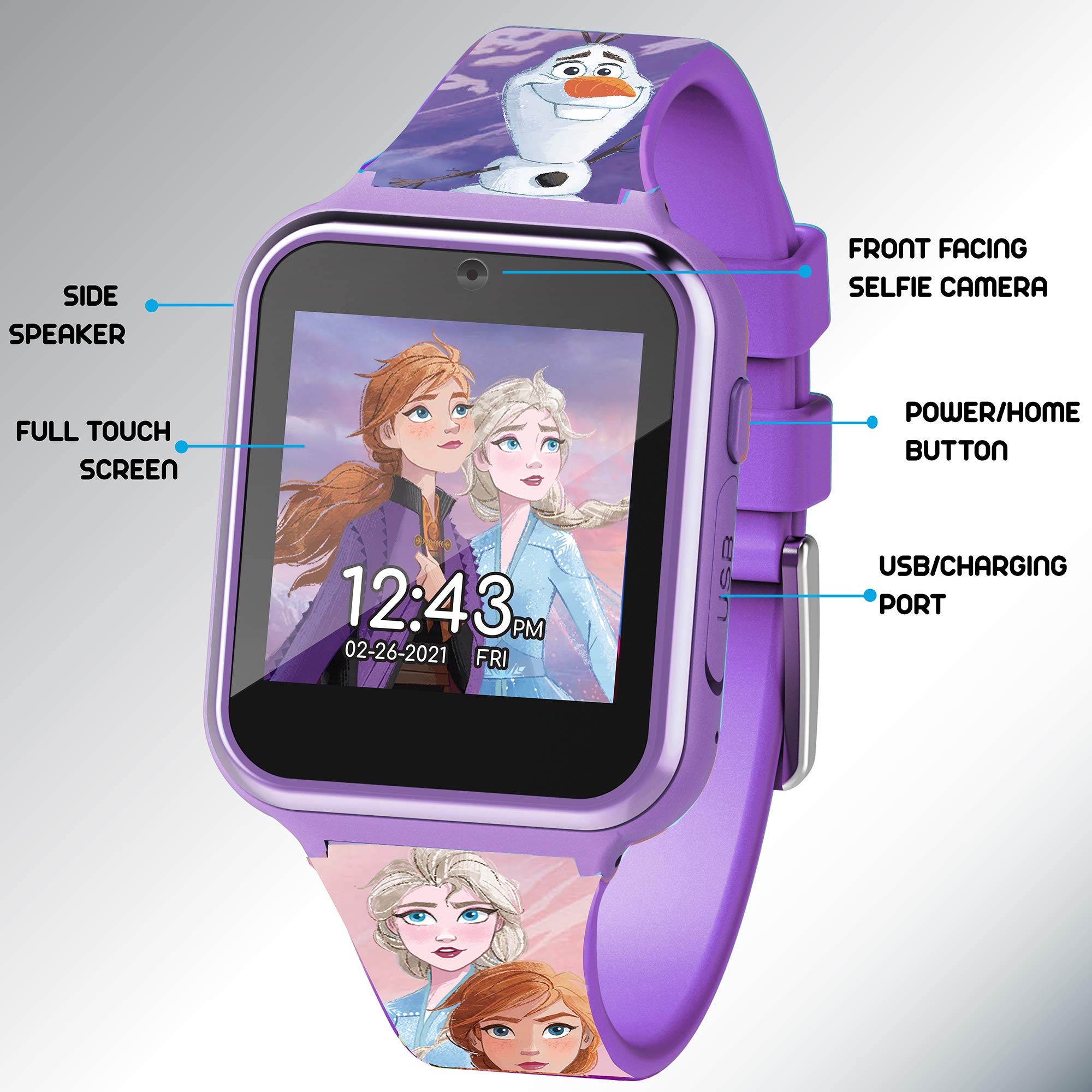 Accutime Kids Disney Frozen Anna Elsa Purple Educational Touchscreen Smart Watch Toy for Girls, Boys, Toddlers - Selfie Cam, Learning Games, Alarm, Calculator, Pedometer & More (Model: FZN4672AZ)