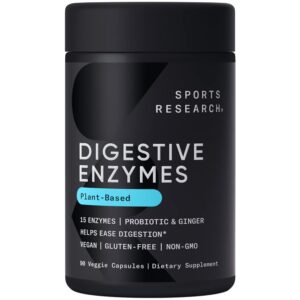 sports research digestive enzymes with probiotics & ginger - plant based for dairy, protein, sugar & carbs - non-gmo verified & vegan certified (90 veggie capsules)
