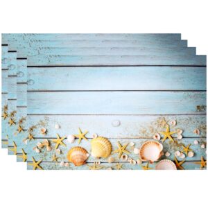 gift boutique disposable beach seashell starfish paper mat 50 pack 11" x 17" rectangle summer nautical coated placemat for blue sky ocean seaside sand wood coastal table mat dinner party décor