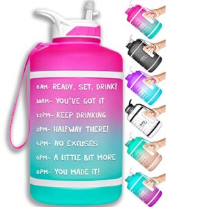 NatureWorks HydroMATE Half Gallon Water Bottle with Time Markers BPA Free Reusable Leak Proof Jug with Straw and Handle 64 oz (Pink Turquoise)