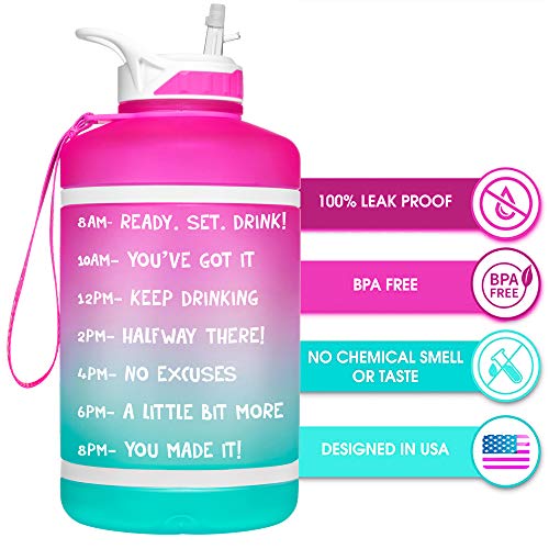 NatureWorks HydroMATE Half Gallon Water Bottle with Time Markers BPA Free Reusable Leak Proof Jug with Straw and Handle 64 oz (Pink Turquoise)