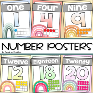 number posters 0-20 ten frames boho rainbow theme