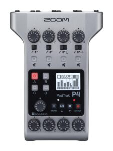 zoom podtrak p4 podcast recorder, battery powered, 4 microphone inputs, 4 headphone outputs, phone and usb input for remote interviews, sound pads, 2-in/2-out audio interface