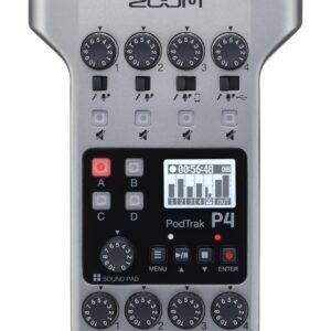 Zoom PodTrak P4 Podcast Recorder, Battery Powered, 4 Microphone Inputs, 4 Headphone Outputs, Phone and USB Input for Remote Interviews, Sound Pads, 2-In/2-Out Audio Interface