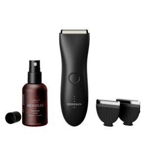 the maintenance package by meridian: includes men’s waterproof electric below-the-belt trimmer (onyx), 2 replacement blades, and the spray (50 ml)