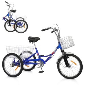 pexmor adult folding tricycle, 20 inch 3 wheel bikes tricycle for adults single speed, foldable adult trike for women/men/seniors, three wheel cruiser bike w/front & rear basket for shopping,picnic