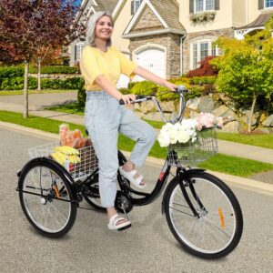 PEXMOR Adult Tricycle 7 Speed, 24/26 Inch 3 Wheel Bikes Tricycle for Adults, Adult Trike for Women/Men/Seniors, Three Wheel Cruiser Bike w/Folding Front & Rear Basket for Shopping/Recreation/Picnic