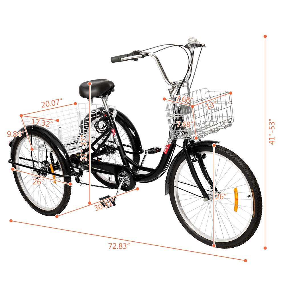 PEXMOR Adult Tricycle 7 Speed, 24/26 Inch 3 Wheel Bikes Tricycle for Adults, Adult Trike for Women/Men/Seniors, Three Wheel Cruiser Bike w/Folding Front & Rear Basket for Shopping/Recreation/Picnic