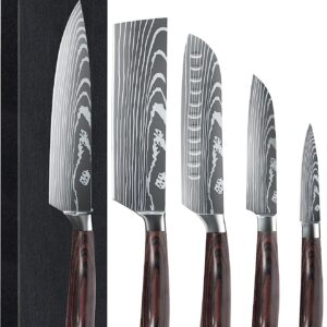 MDHAND Professional Kitchen Chef Knife Set, High-Carbon Stainless Steel Chef Knife Set with Cover, 5 Piece Knifes set