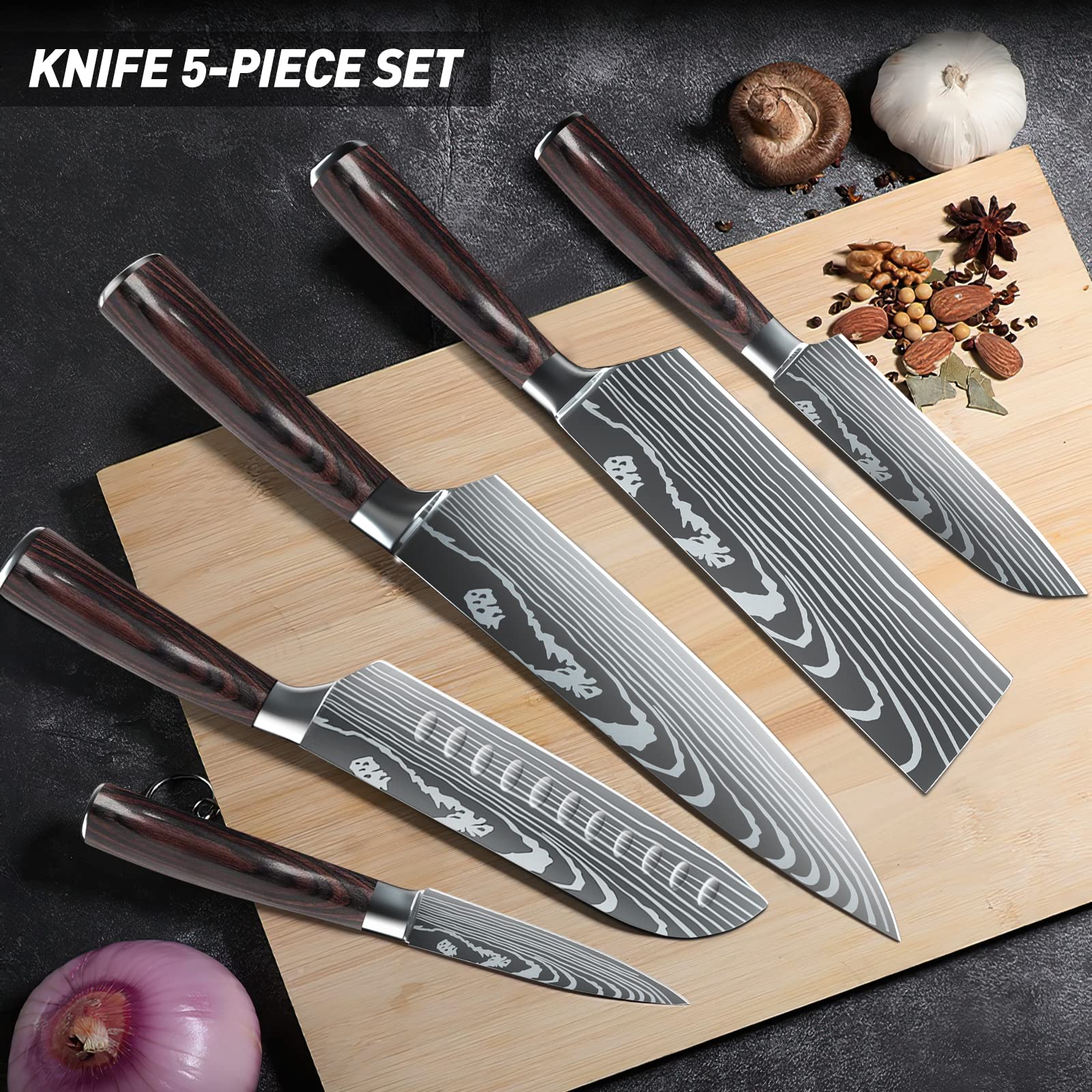 MDHAND Professional Kitchen Chef Knife Set, High-Carbon Stainless Steel Chef Knife Set with Cover, 5 Piece Knifes set