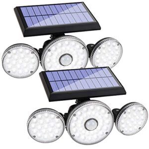 2 pack solar lights outdoor,3 modes with motion sensor lights, 70 led 3 adjustable heads flood lights, 270° rotatable wireless spotlights, ip65 waterproof for garage pathway porch garden patio yard