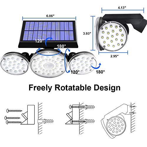 2 Pack Solar Lights Outdoor,3 Modes with Motion Sensor Lights, 70 LED 3 Adjustable Heads Flood Lights, 270° Rotatable Wireless Spotlights, IP65 Waterproof for Garage Pathway Porch Garden Patio Yard