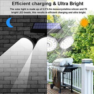 2 Pack Solar Lights Outdoor,3 Modes with Motion Sensor Lights, 70 LED 3 Adjustable Heads Flood Lights, 270° Rotatable Wireless Spotlights, IP65 Waterproof for Garage Pathway Porch Garden Patio Yard