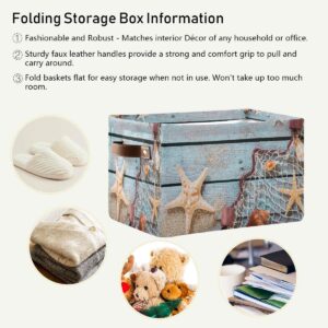 AUUXVA Summer Beach Sand Storage Basket Bin Rustic Wooden Starfish Large Fabric Toys Storage Cube Box with Handles Collapsible Closet Shelf Cloth Organizer Basket for Nursery Bedroom Bathroom