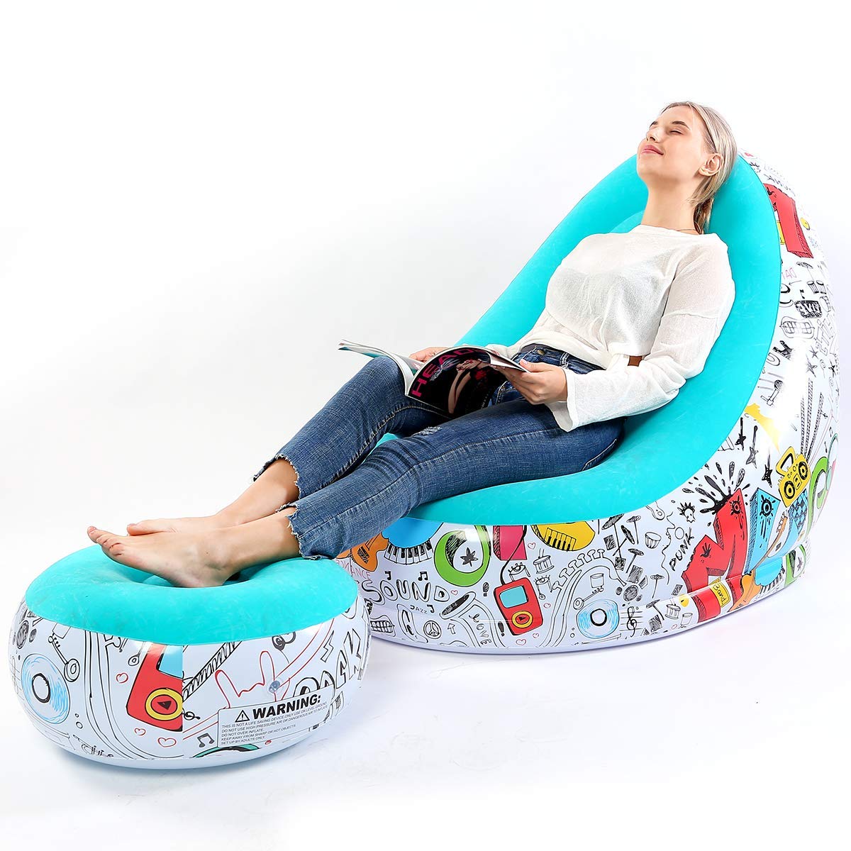 Lazy Sofa, Inflatable Sofa, Family Inflatable Lounge Chair, Graffiti Pattern Flocking Sofa, with Inflatable Foot Cushion, Suitable for Home Rest or Office Rest, Outdoor Folding Sofa Chair (Blue)