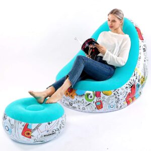 Lazy Sofa, Inflatable Sofa, Family Inflatable Lounge Chair, Graffiti Pattern Flocking Sofa, with Inflatable Foot Cushion, Suitable for Home Rest or Office Rest, Outdoor Folding Sofa Chair (Blue)