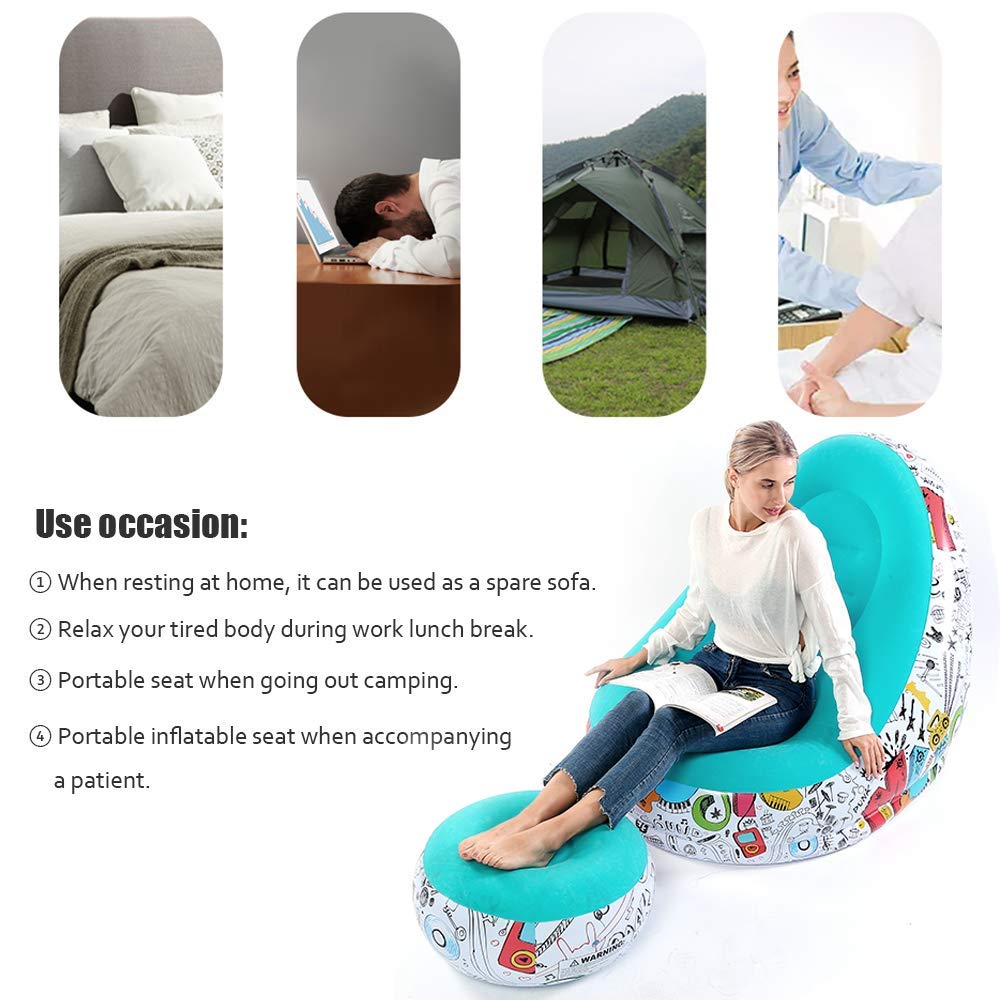 Lazy Sofa, Inflatable Sofa, Family Inflatable Lounge Chair, Graffiti Pattern Flocking Sofa, with Inflatable Foot Cushion, Suitable for Home Rest or Office Rest, Outdoor Folding Sofa Chair (Blue)