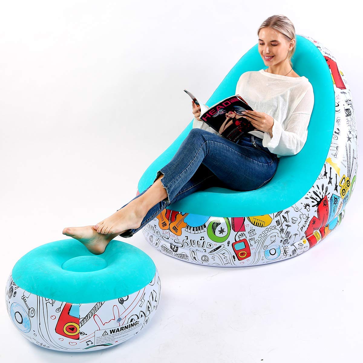 Lazy Sofa, Inflatable Sofa, Family Inflatable Lounge Chair, Graffiti Pattern Flocking Sofa, with Inflatable Foot Cushion, Suitable for Home Rest or Office Rest, Outdoor Folding Sofa Chair (Blue)