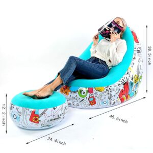 Lazy Sofa, Inflatable Sofa, Family Inflatable Lounge Chair, Graffiti Pattern Flocking Sofa, with Inflatable Foot Cushion, Suitable for Home Rest or Office Rest, Outdoor Folding Sofa Chair (Blue)