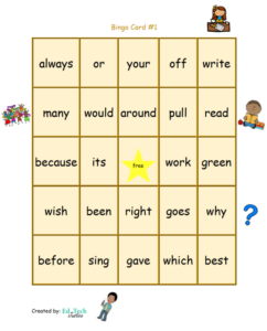 second grade sight word bingo