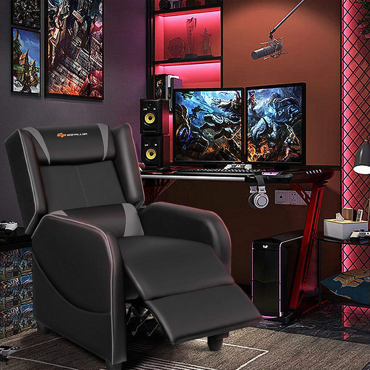 Goplus Massage Gaming Recliner Chair, Racing Style PU Leather Single Recliner Sofa with Footrest, Adjustable Modern Living Room Recliners, Ergonomic Home Theater Recliner Seat