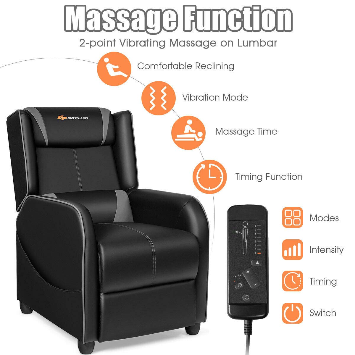 Goplus Massage Gaming Recliner Chair, Racing Style PU Leather Single Recliner Sofa with Footrest, Adjustable Modern Living Room Recliners, Ergonomic Home Theater Recliner Seat