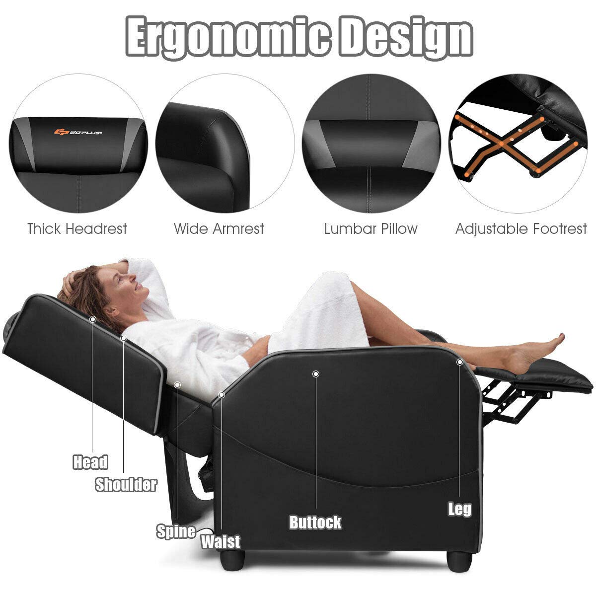 Goplus Massage Gaming Recliner Chair, Racing Style PU Leather Single Recliner Sofa with Footrest, Adjustable Modern Living Room Recliners, Ergonomic Home Theater Recliner Seat