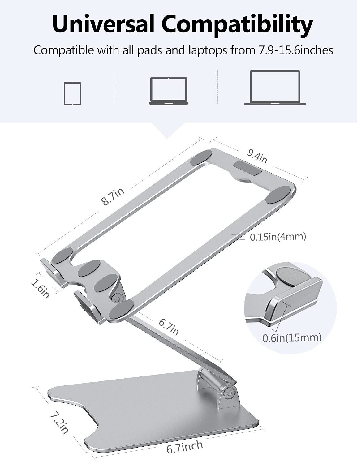 Letlar Laptop Stand Adjustable, Laptop Holder, Aluminum Laptop Riser Stand for Desk, Adjustable Height 1.9"-12", Compatible with MacBook, Air, Pro, Dell XPS, Samsung, All Laptops 8-15.6 Inches-Silver