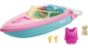 barbie toy boat with pet puppy, life vest & beverage accessories, fits 3 dolls & floats in water
