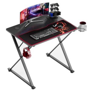 eureka ergonomic gaming desk 31 inch,small gaming table for kids, x shaped computer desk with mouse pad, carbon fiber home office desk with cup holder & headphone hook & controller stand,black