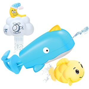 Bath Toys for Toddlers, 3 Pcs Baby Bath Toys - Wind-up Fish Bathtub Set, Spray Water Cloud & Hand-Pull Whale - Water Gun Bath Birthday Gifts for Kids