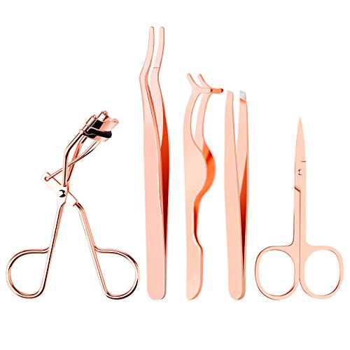 Yiwoo 5 Pieces Eyelash Applicator Tool，False Eyelashes Applicator,Eyelashes Tool,Eyelashes Curlers,Curved Eyelash Curler(Rose Gold）