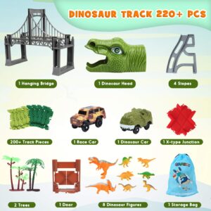 Dinosaur Track Toys, 200+ Pcs Create A Dinosaur World Road Race, Flexible Track Playset with 1 Dinosaur Car,1 Race Car,8 Dinosaurs for 3 4 5 6 Year & Up Old Boys Girls Kids Toddlers Great Gift