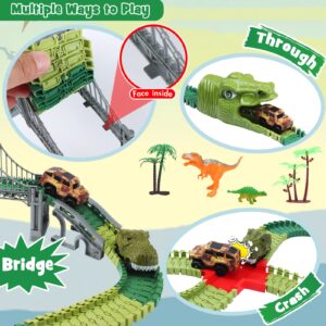 Dinosaur Track Toys, 200+ Pcs Create A Dinosaur World Road Race, Flexible Track Playset with 1 Dinosaur Car,1 Race Car,8 Dinosaurs for 3 4 5 6 Year & Up Old Boys Girls Kids Toddlers Great Gift