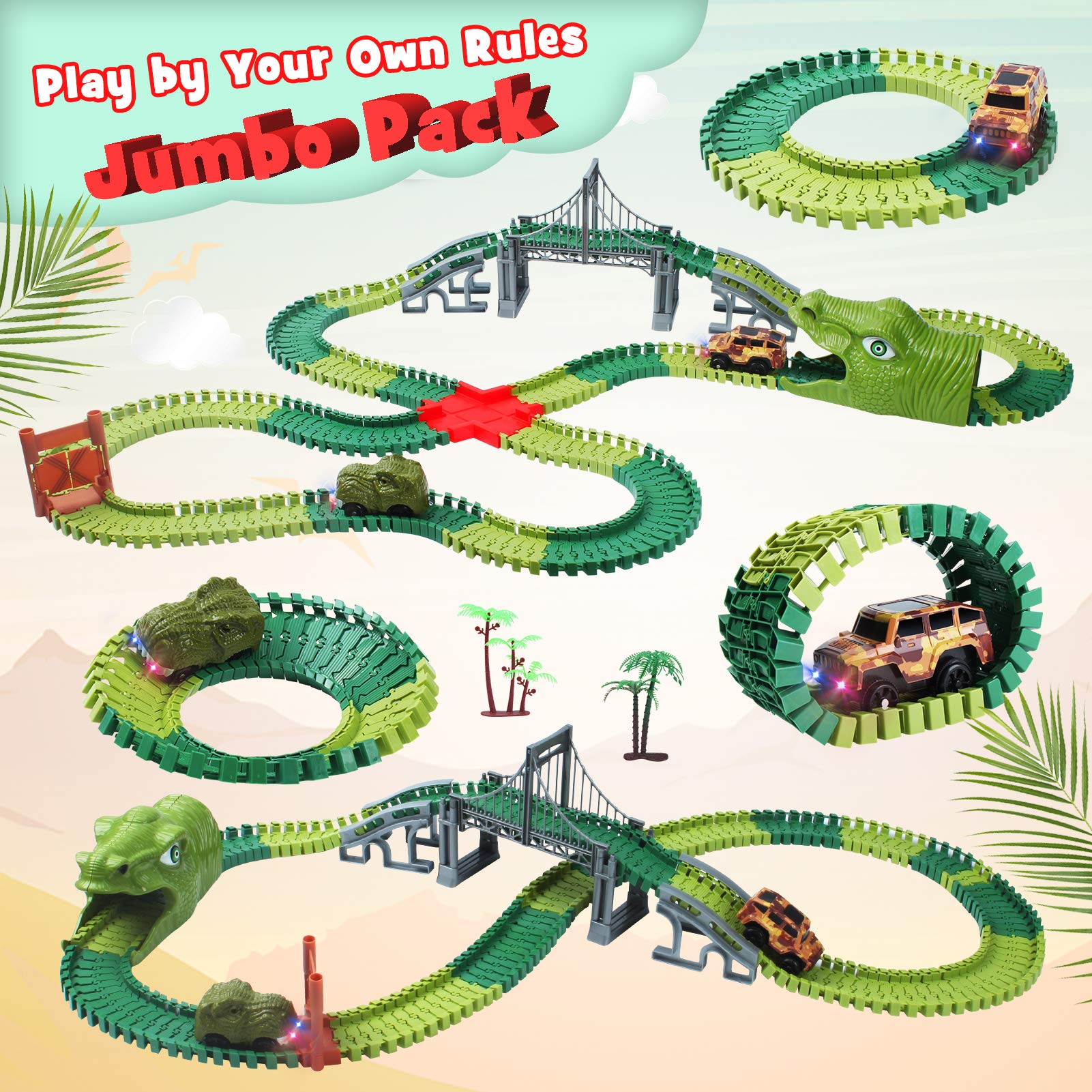 Dinosaur Track Toys, 200+ Pcs Create A Dinosaur World Road Race, Flexible Track Playset with 1 Dinosaur Car,1 Race Car,8 Dinosaurs for 3 4 5 6 Year & Up Old Boys Girls Kids Toddlers Great Gift